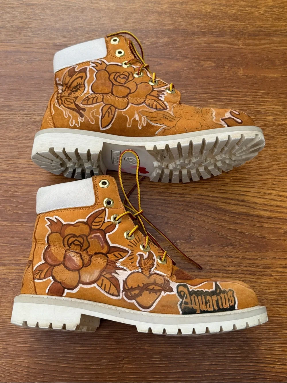 Timberland 6” Custom Hand Painted Aquarius Skull Rose Boots Boys 5.5 Women 7